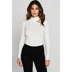 DKNY Sweater Top‎ Womens XL White Cutout Shoulder Ribbed Knit Minimalist Modern